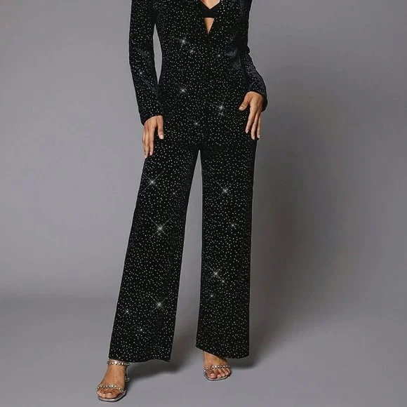 Black Party Womens Rhinestone Detail Velvet Blazer - Picture 4 of 5